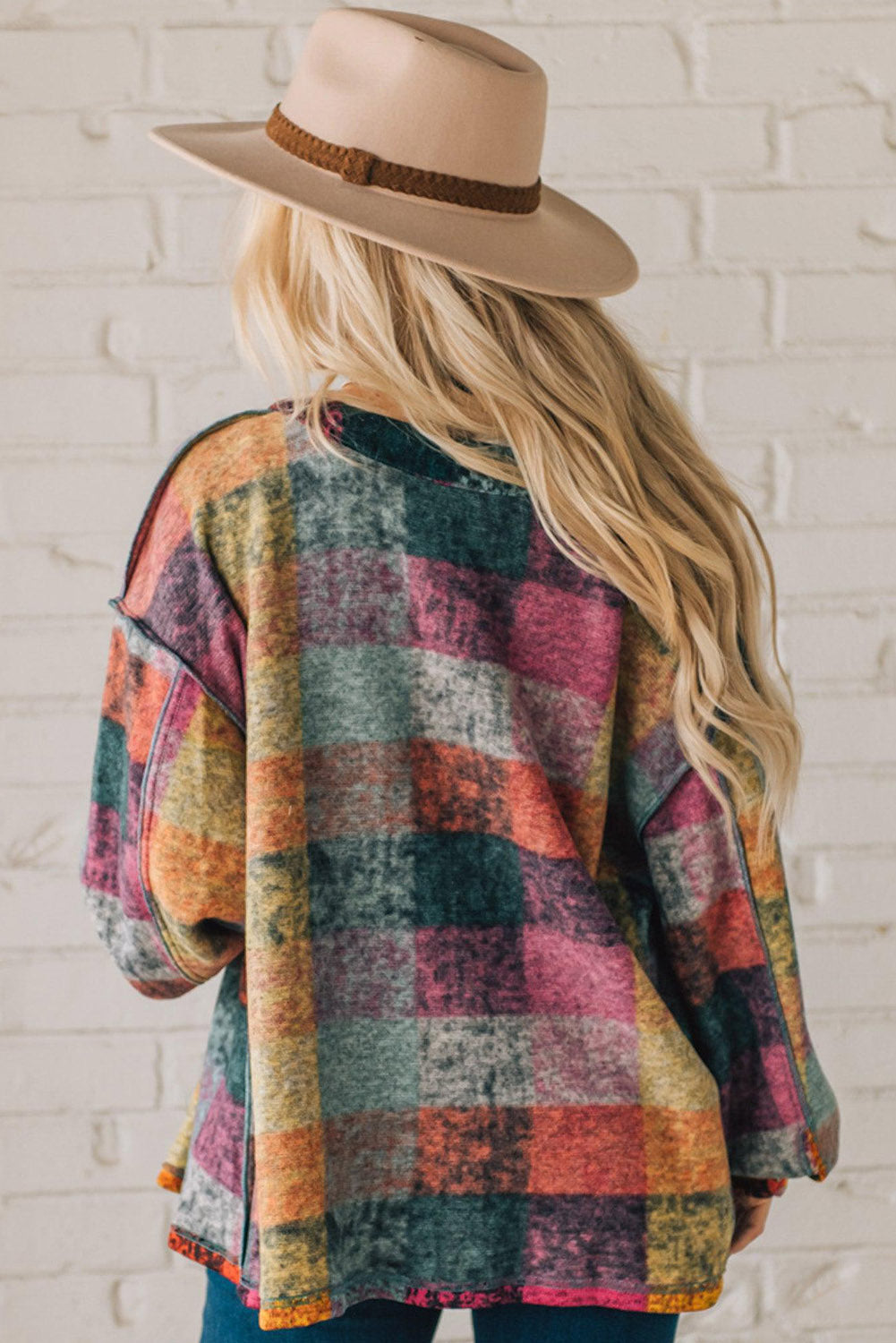 Brushed Plaid Buttoned Pullover Oversized Hoodie