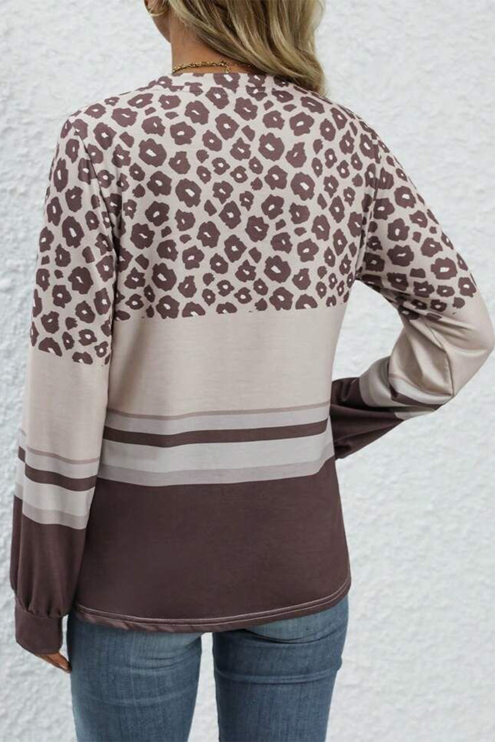 Leopard Color Block Crewneck Long Sleeve Top