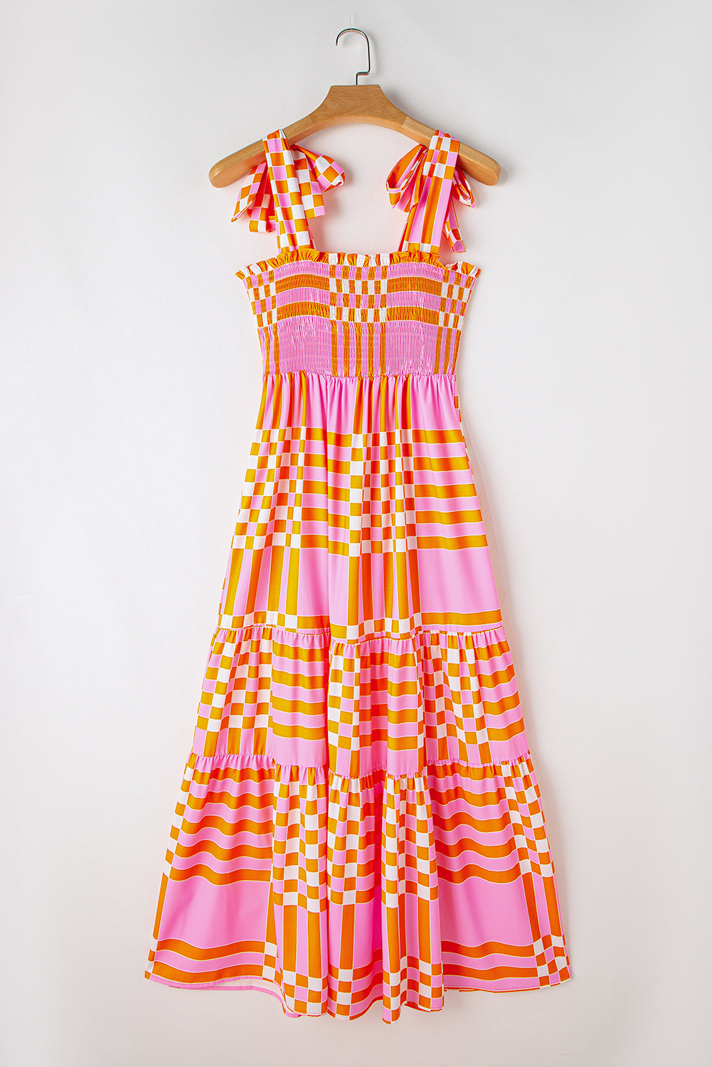 Boho Gingham Tied Straps Smocked Maxi Dress