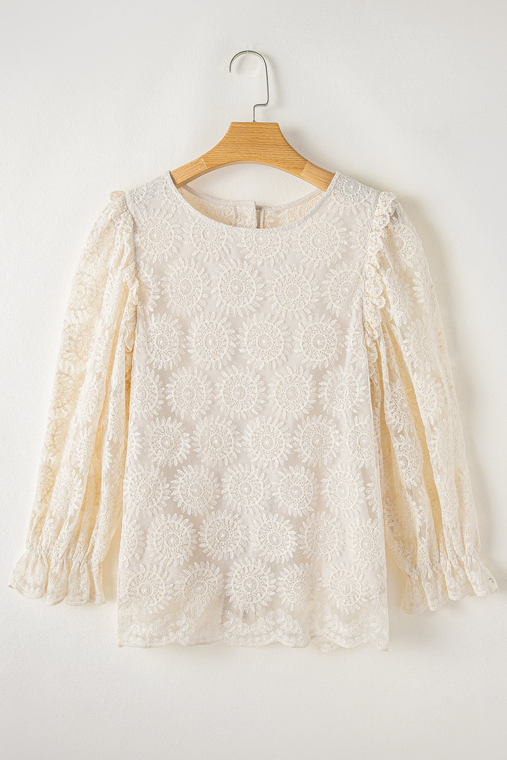 Flower Jacquard Button Back Ruffled 3/4 Sleeve Blouse