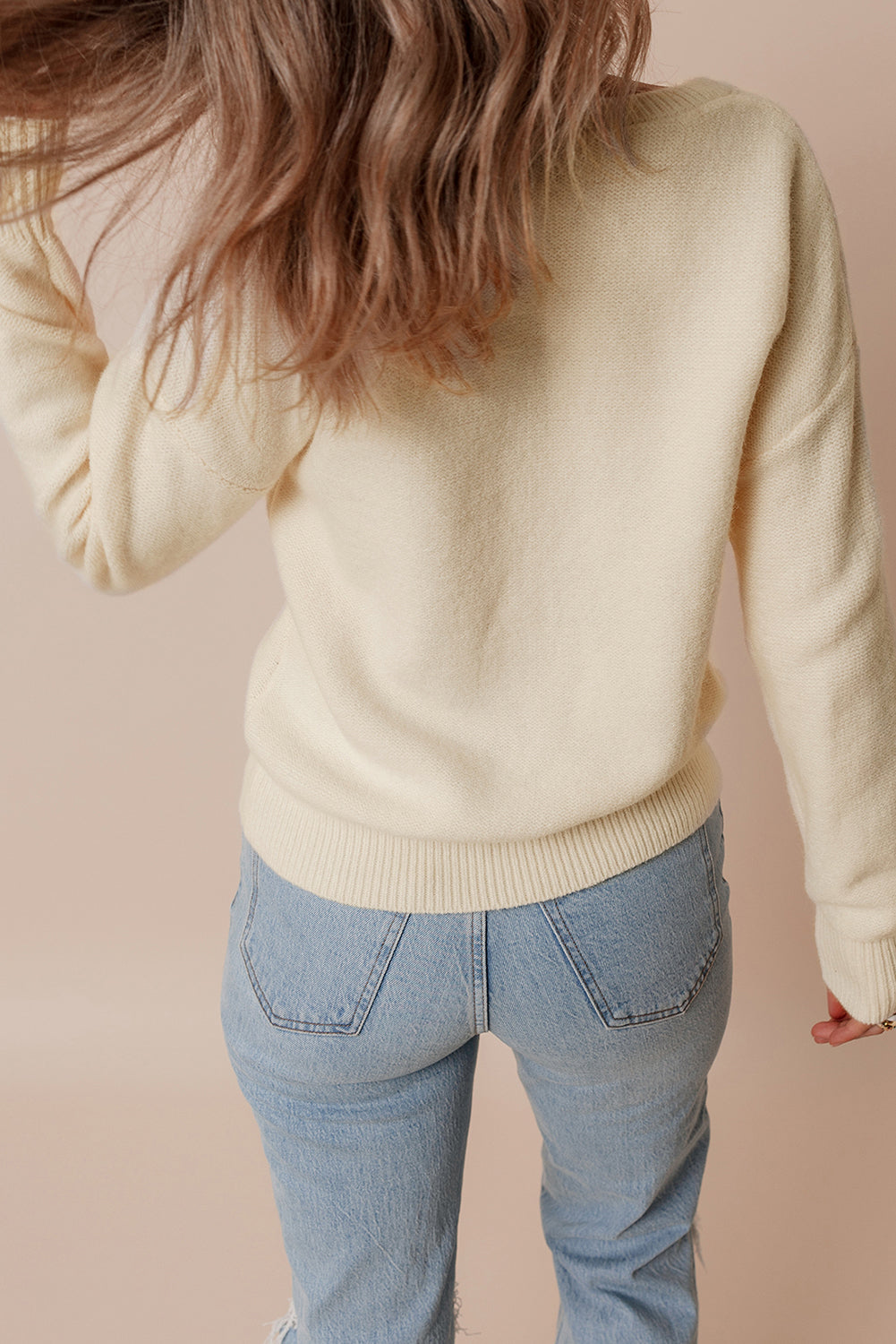 Knitted Flower Pattern Ribbed Edge Sweater