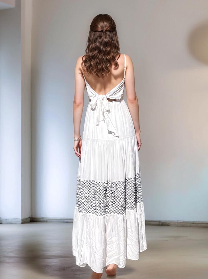 Backless Bow Ruffled Smocked Tiered Maxi Dress