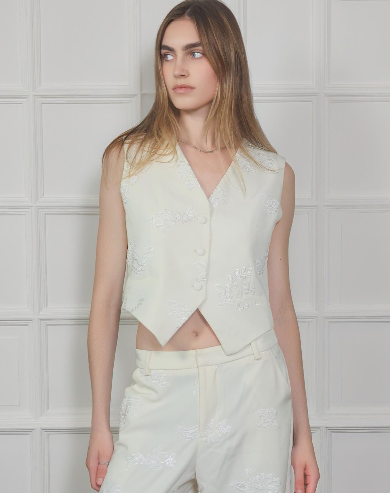 Floral Embroidered V Neck Vest