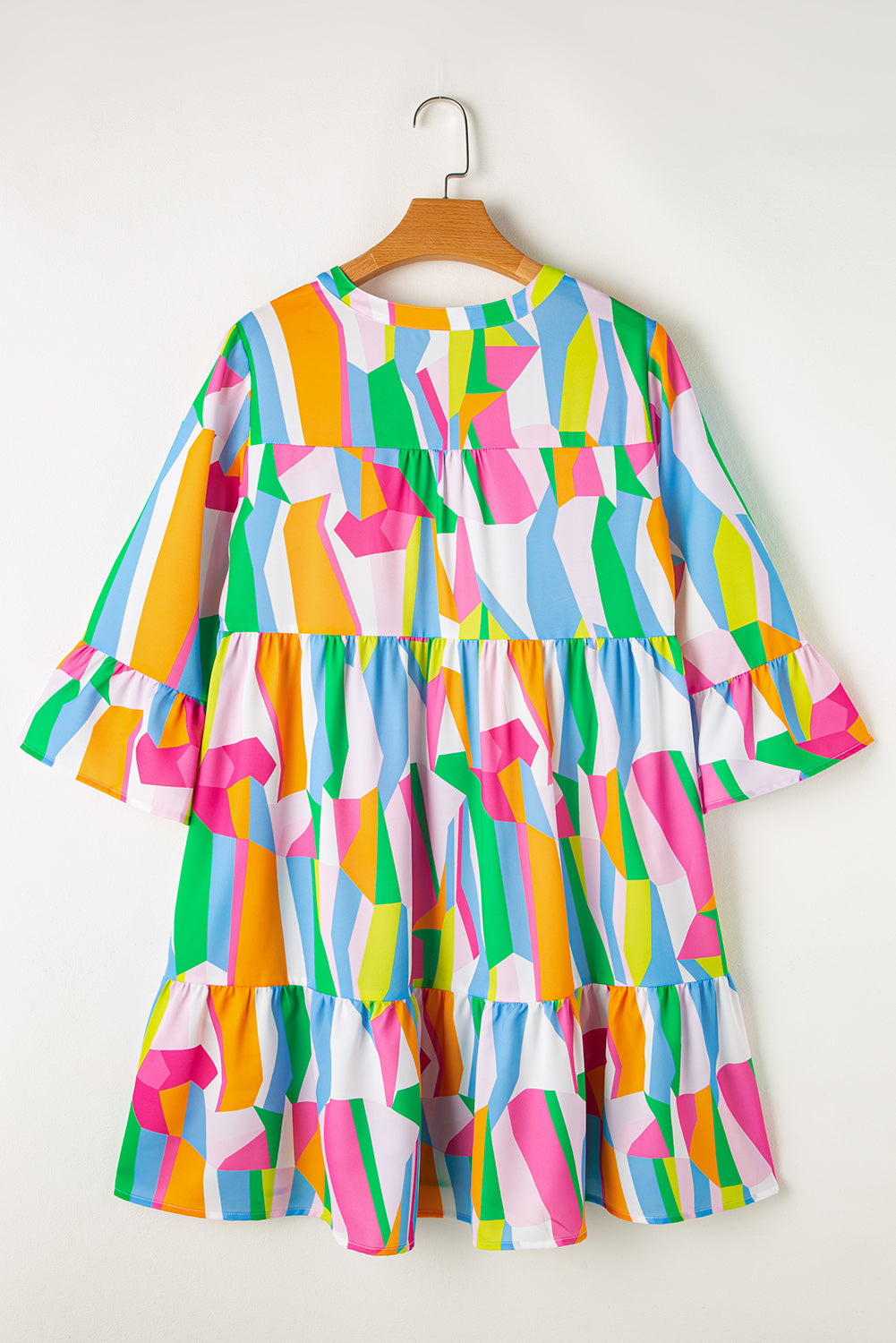 Abstract Print Ruffled Sleeve V Neck Dress