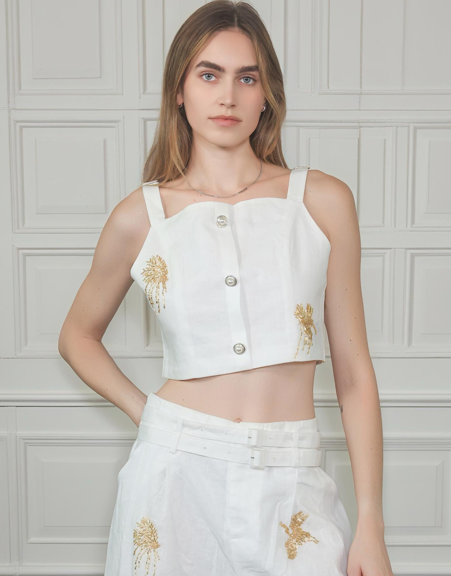 Beaded Pearl Button Square Neck Sleeveless Crop Top