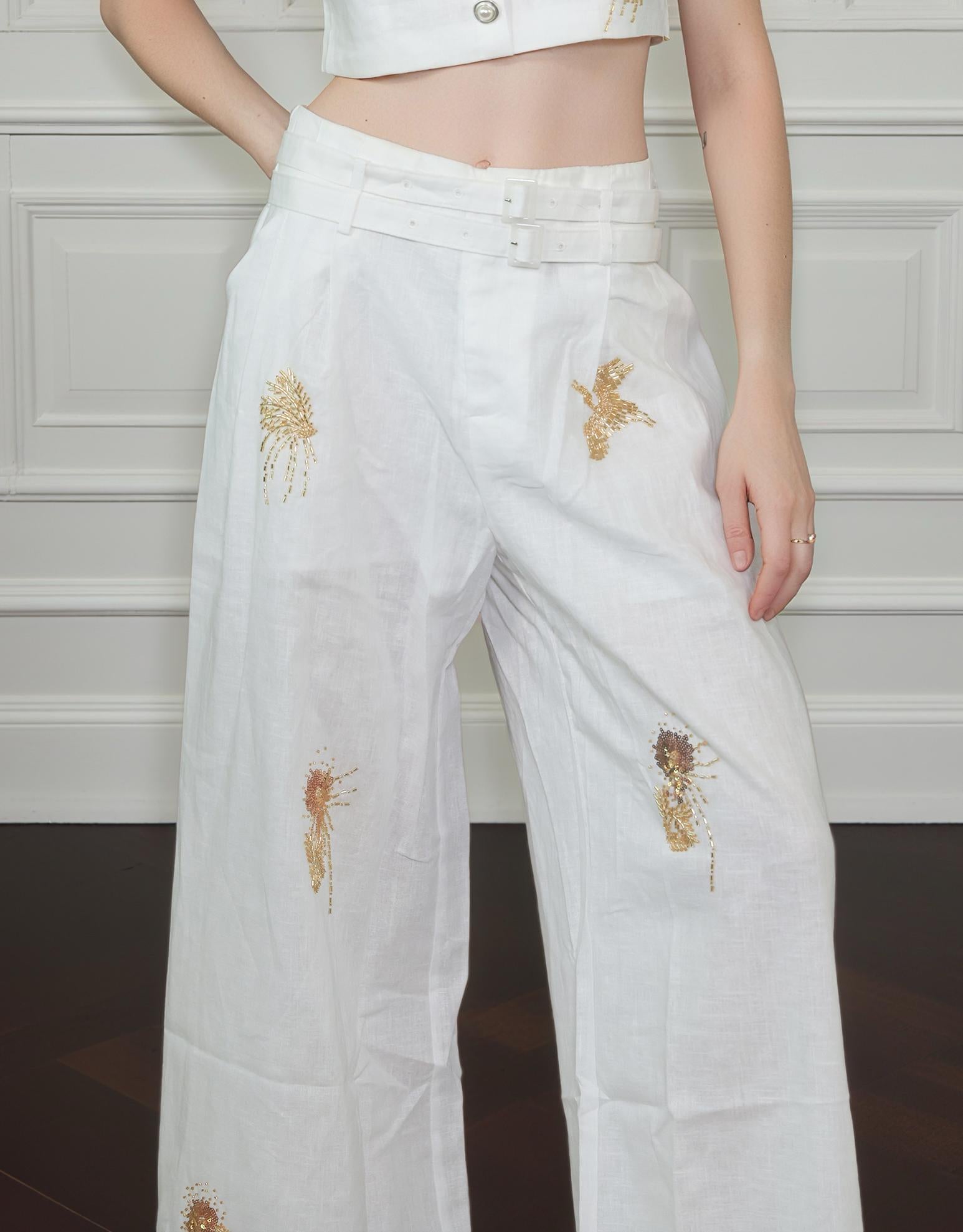 Beaded Double Belted Lining Sheer Pants