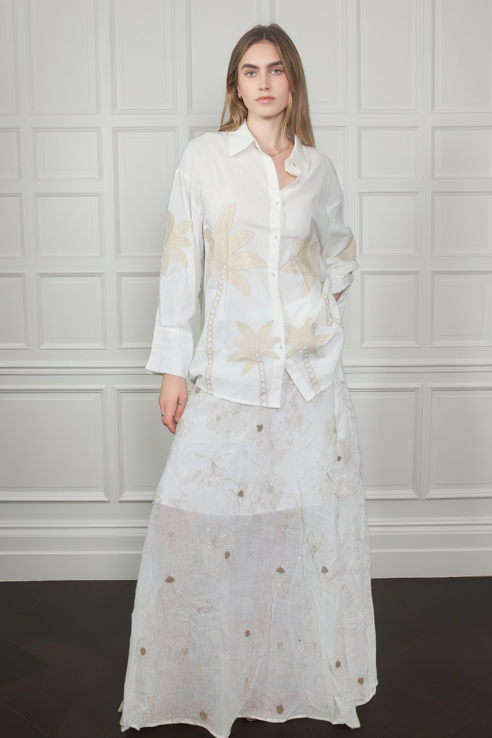 Floral Sequin Lining Sheer Maxi Skirt