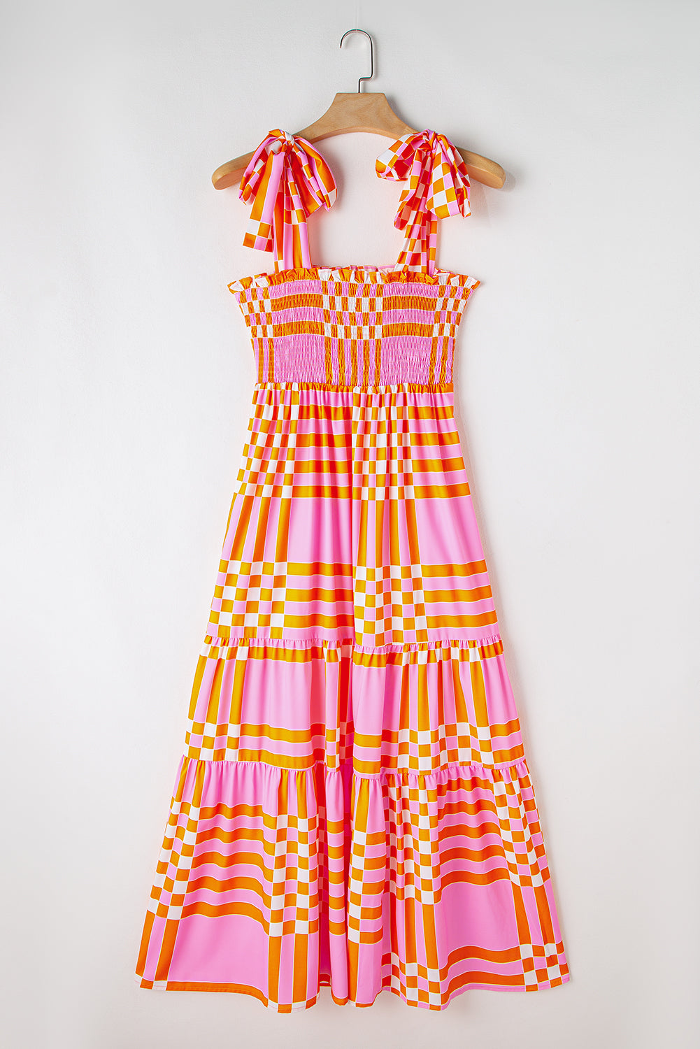 Boho Gingham Tied Straps Smocked Maxi Dress