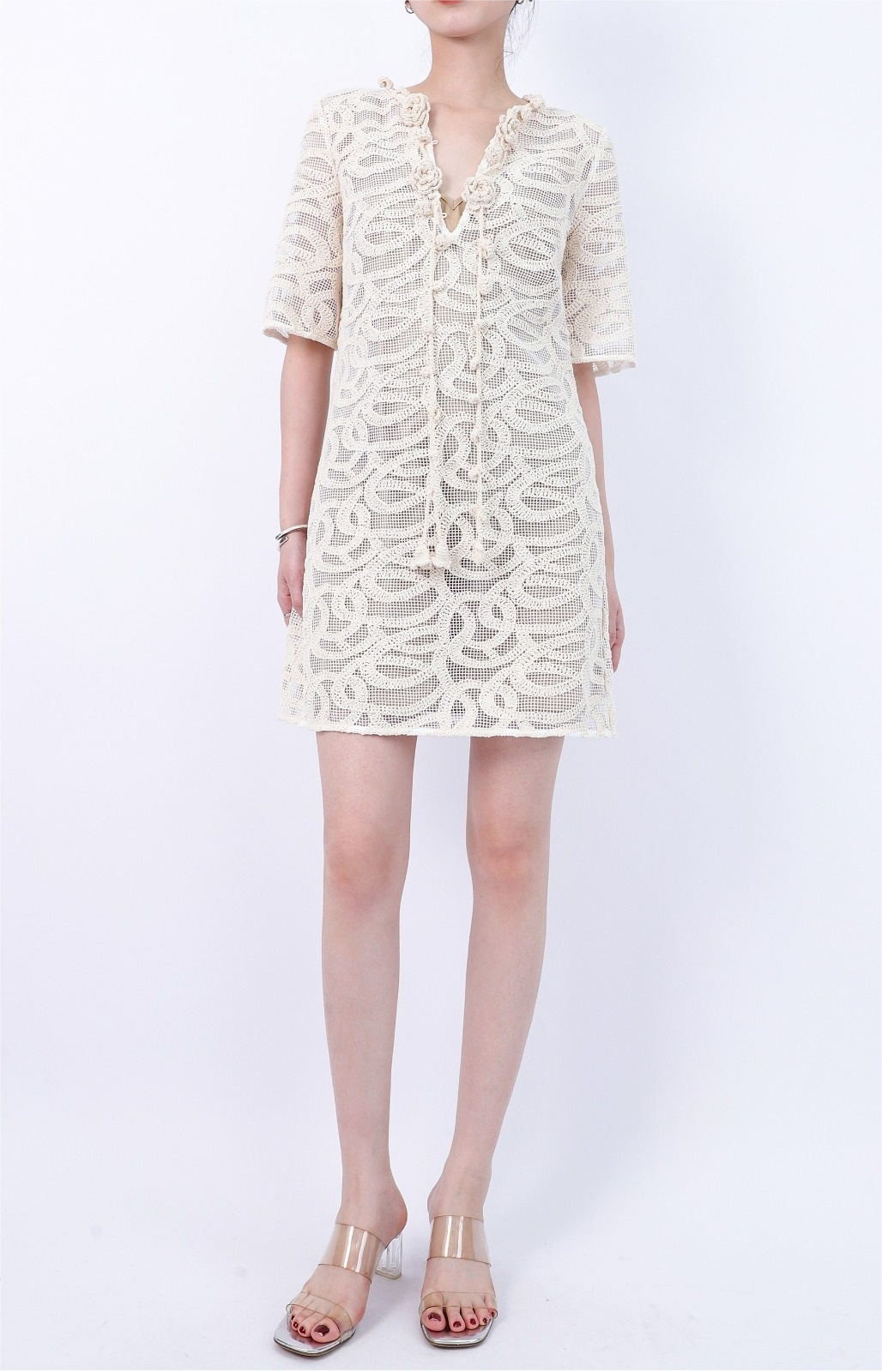 3D Flower Tie-neck Grid Eyelet Short Sleeve Shift Mini Dress