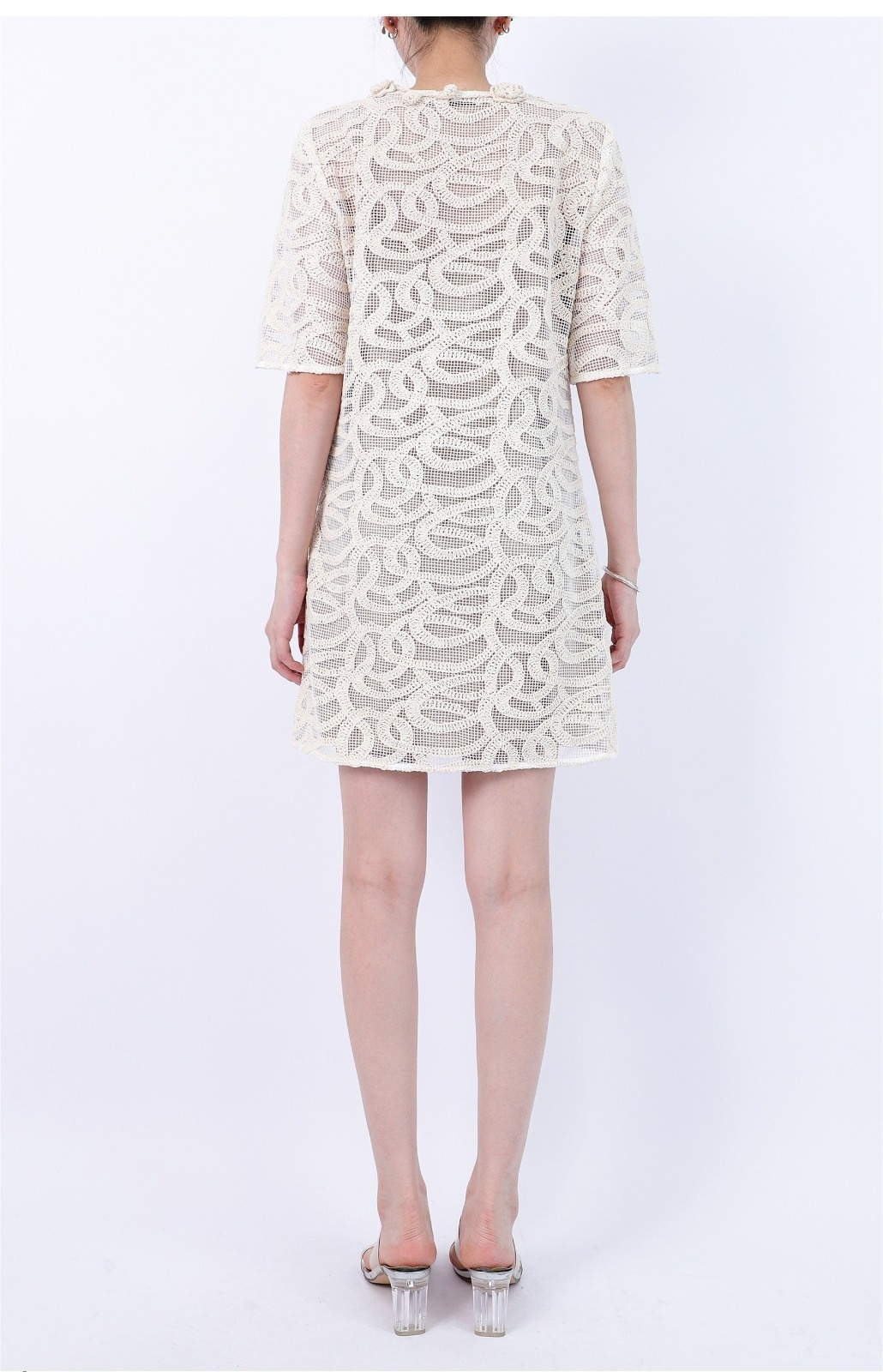 3D Flower Tie-neck Grid Eyelet Short Sleeve Shift Mini Dress