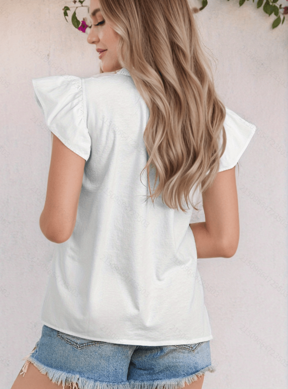 Tassel Tie Split Neck Frilly Ruffle Trim Short Sleeve Blouse