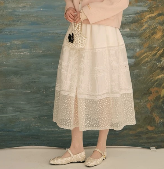 Dot Floral Lace Contrast Lining Sheer Mesh Skirt