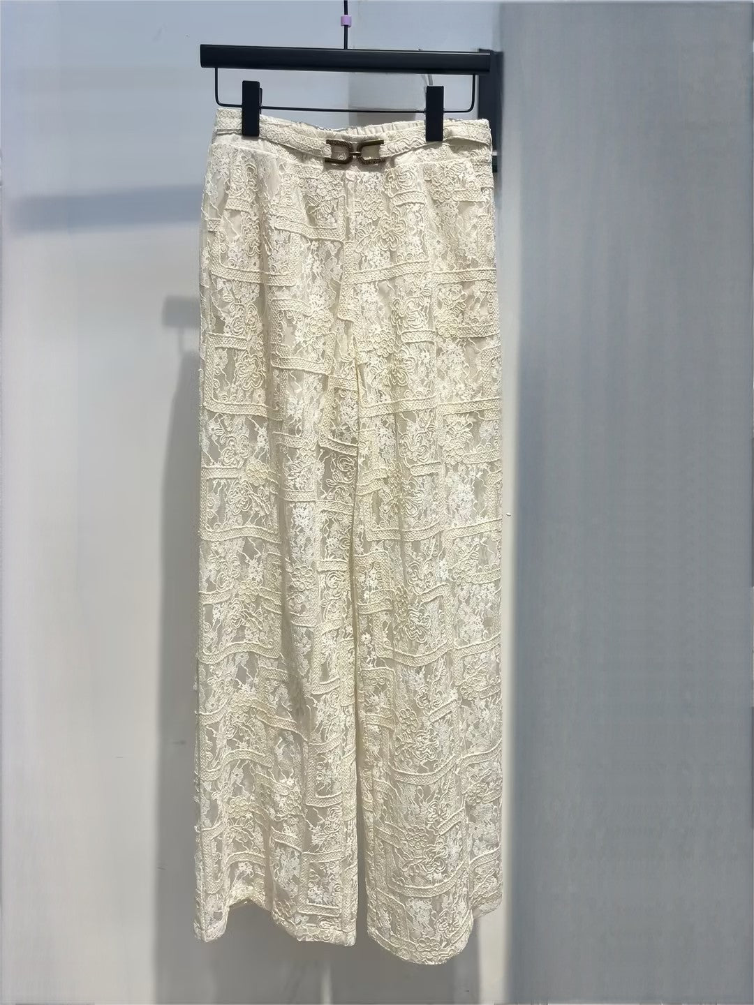 Sheer Lace Pocketed Wide-Leg Side Zipped Pants