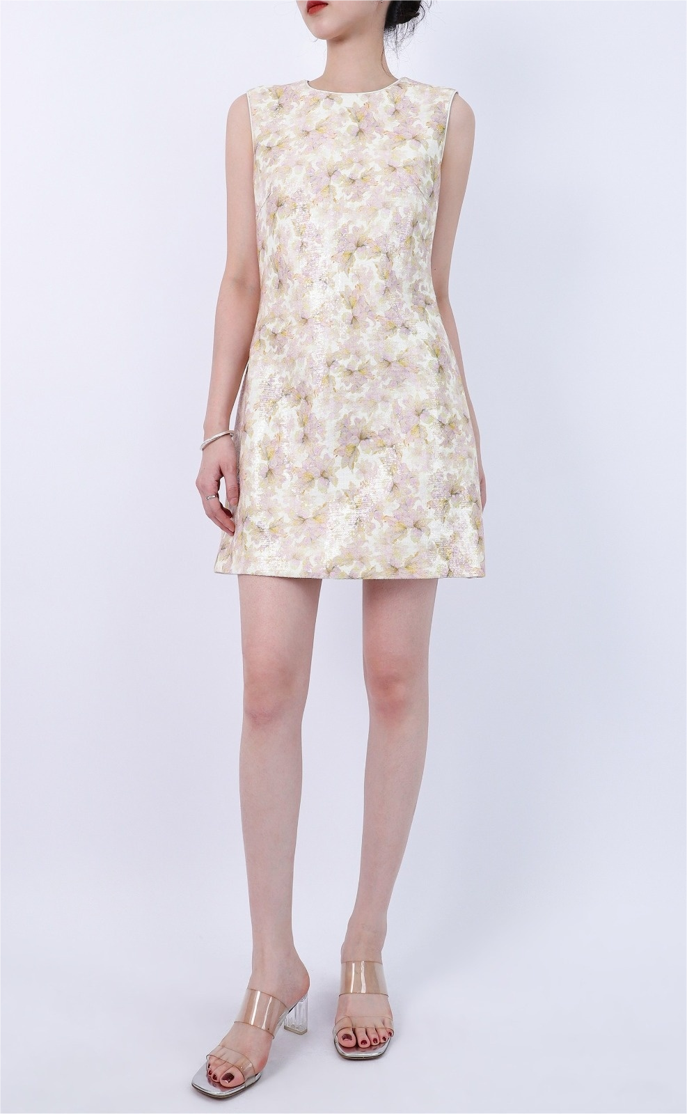 Floral Sequin Back Zipper Round Neck Shift Tank Mini Dress