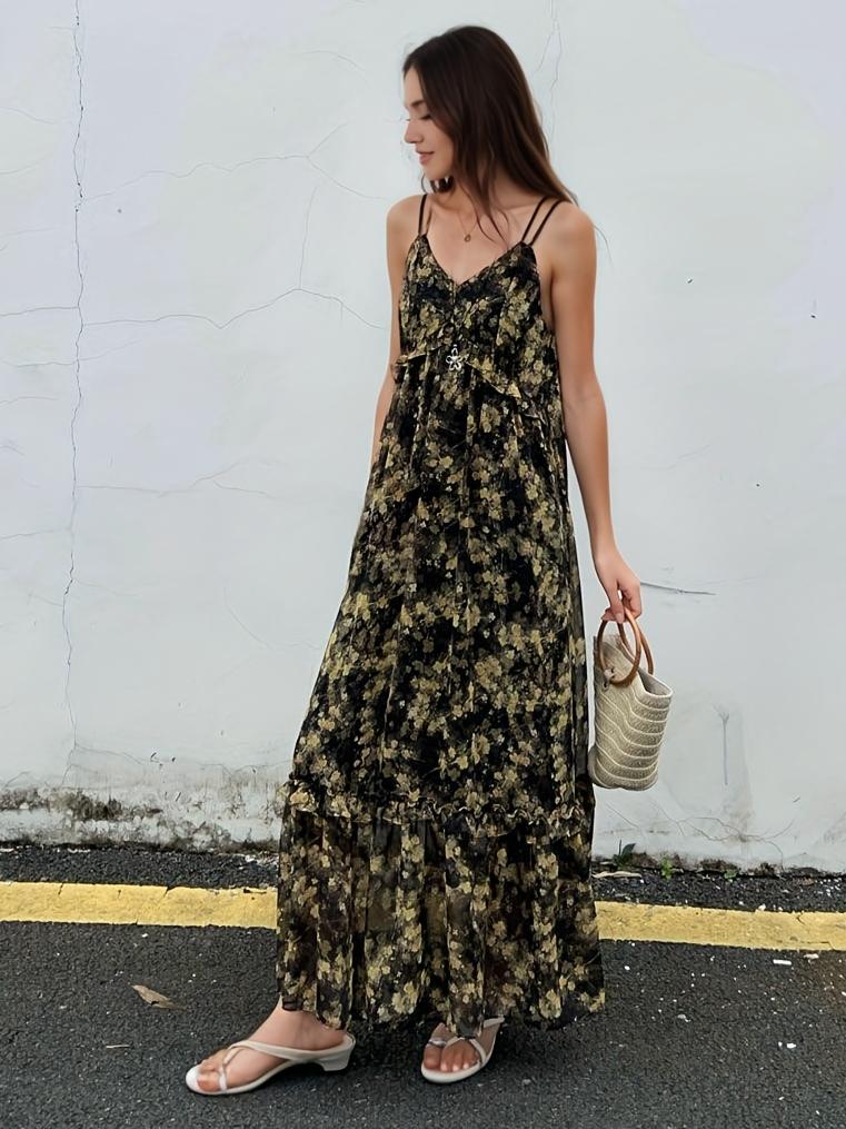 Floral Print V-Neck Ruffle Cami Strap Maxi Dress