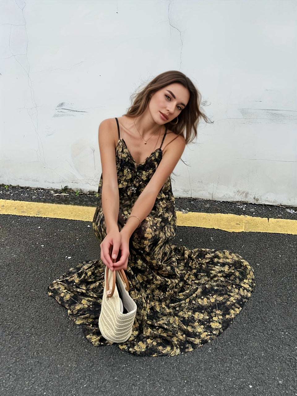 Floral Print V-Neck Ruffle Cami Strap Maxi Dress