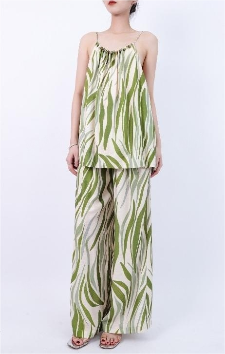 Beaded Rope Tied Belt Wide Leg Pants