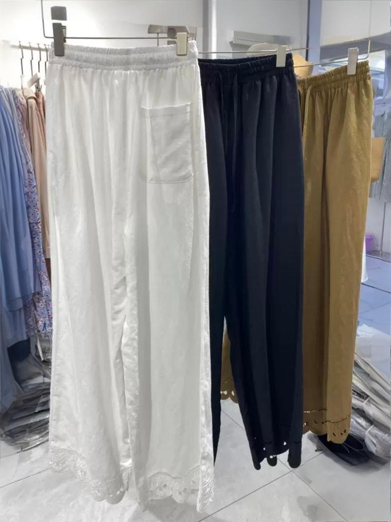 Drawstring Pocketed Floral Embroidered Hem Wide-Leg Pants