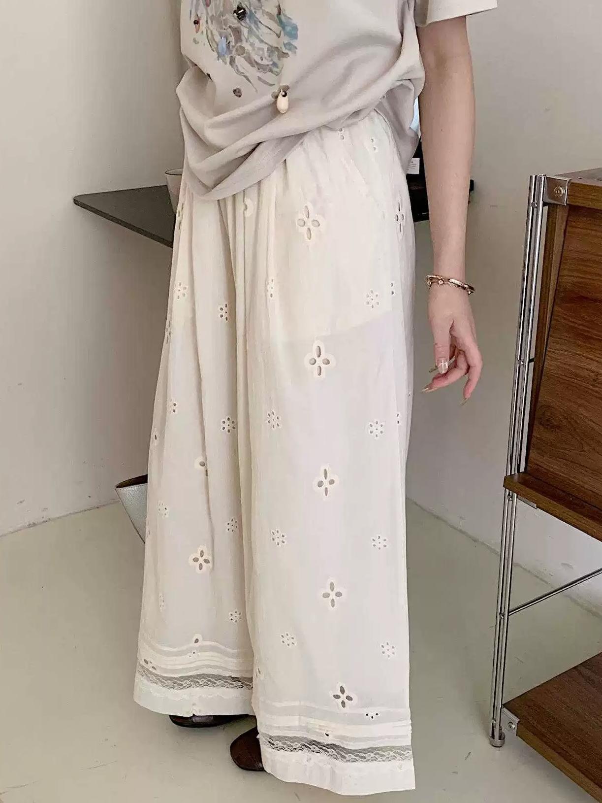 Floral Lace Embroidered Pocketed Elastic Waist Wide Leg Pants