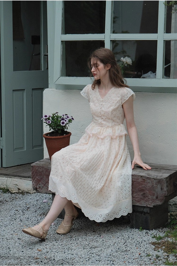 Ruffle Lace Contrast V Neck Flutter Sleeve Midi Dress