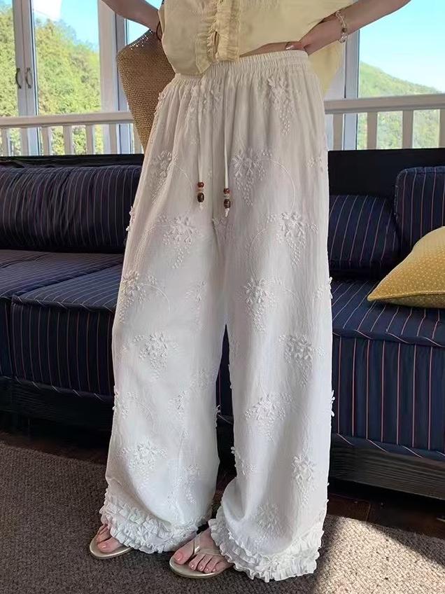 Floral 3D Print Embroidered Drawstring Wide-Leg Pants