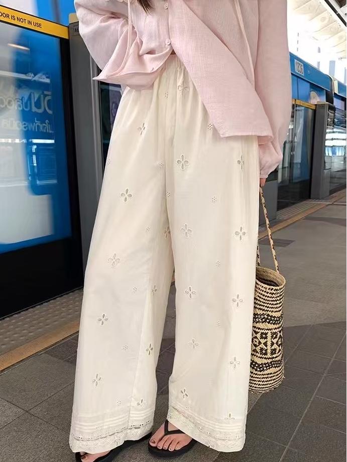 Floral Lace Embroidered Pocketed Elastic Waist Wide Leg Pants