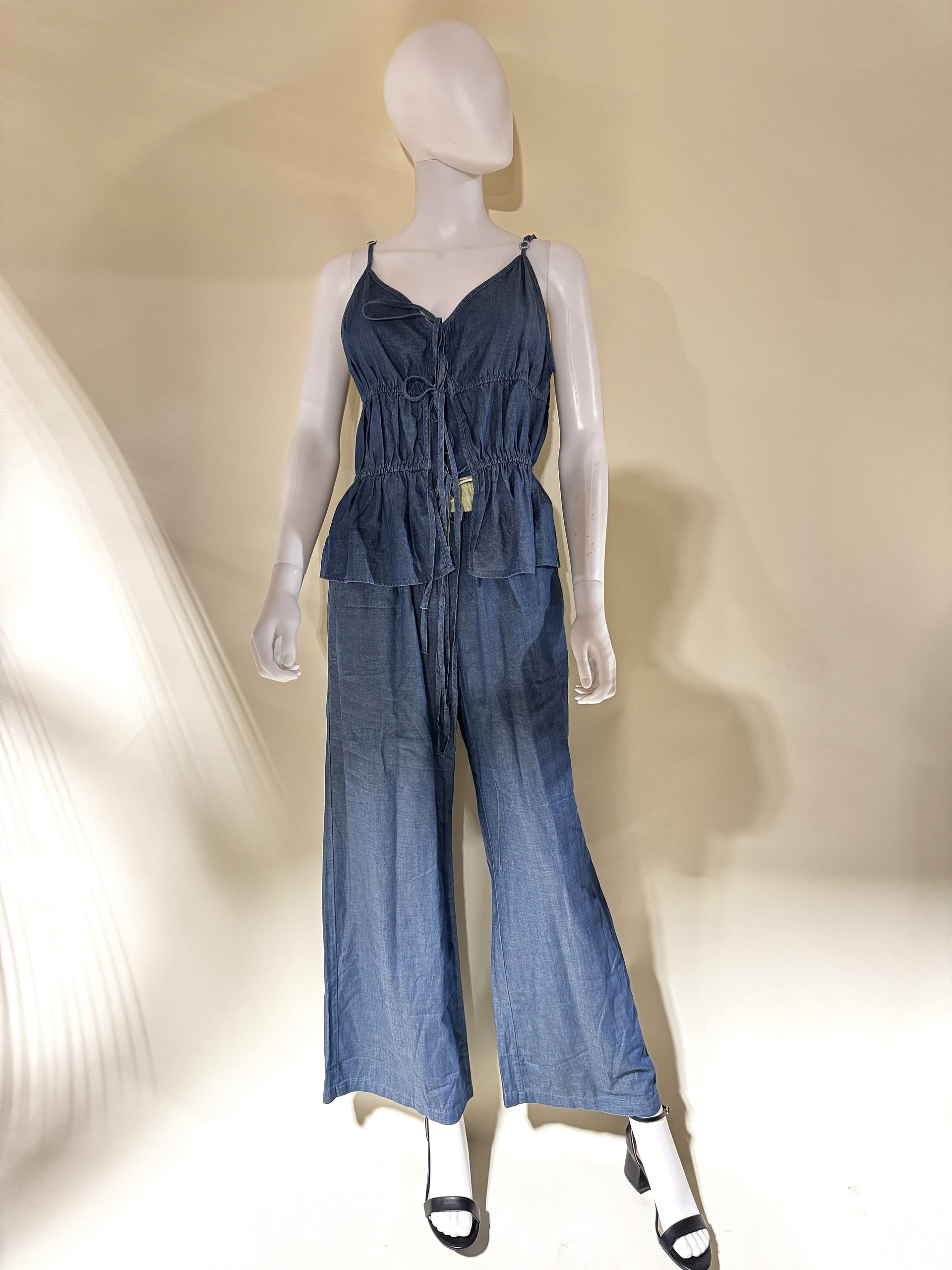 V-neck Lace-up Pleated Denim Tank Top