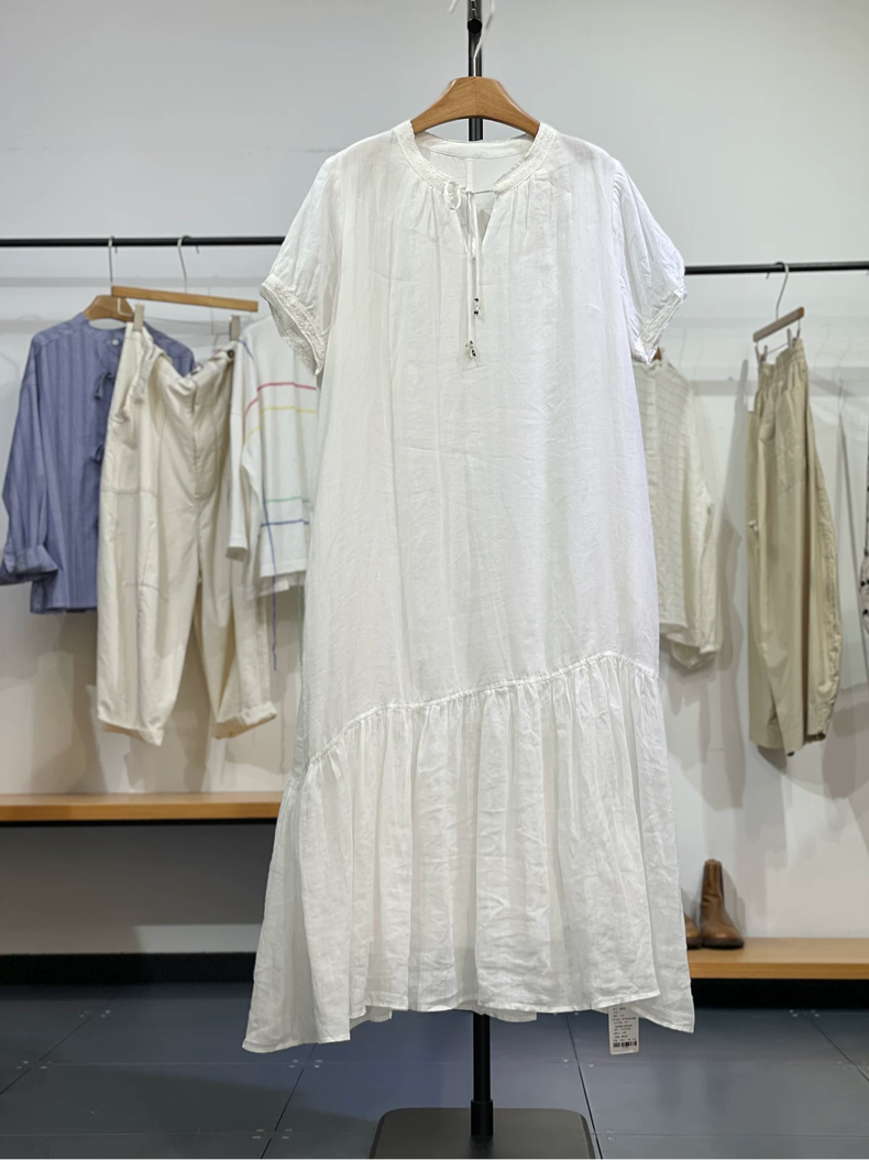 Tie Neck Short Sleeve Loose Maxi Dress