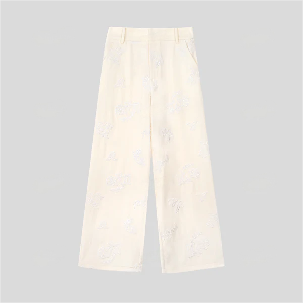 Floral Embroidered Pockets Straight Pants