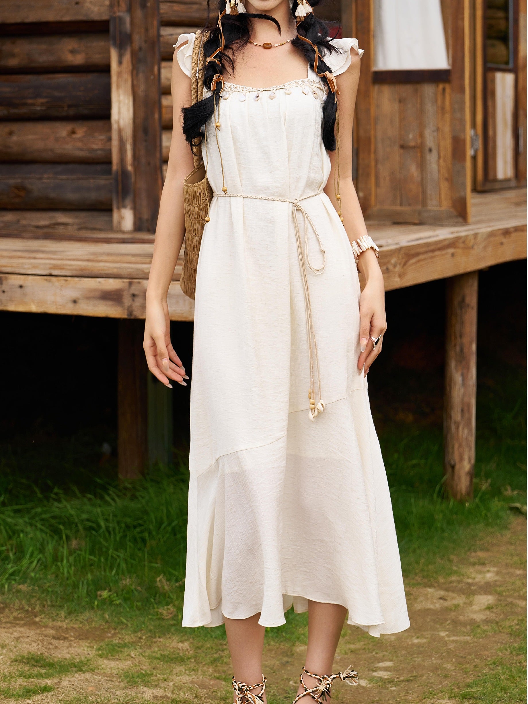 Boho Ruffled Sleeve Rope Belt Sleeveless Flowy Dress