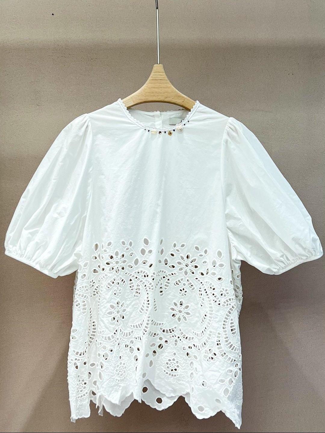 Floral Embroidered Hollow Scallop Hem Puff Sleeve Blouse