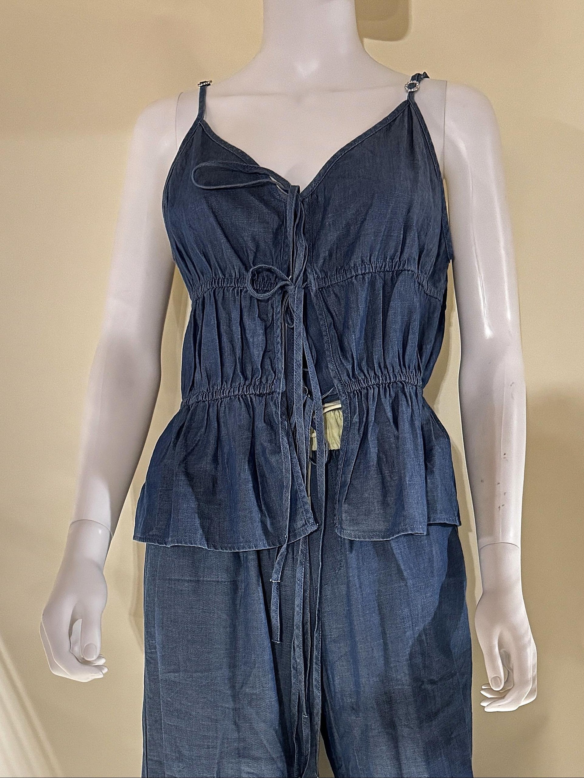 V-neck Lace-up Pleated Denim Tank Top