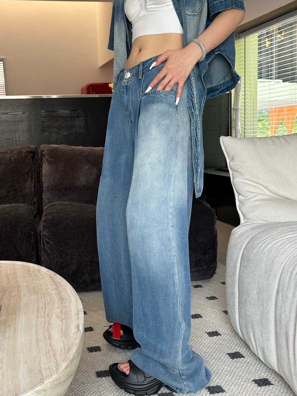 Pocketed Zipped Wide Leg Gradient Denim Pants