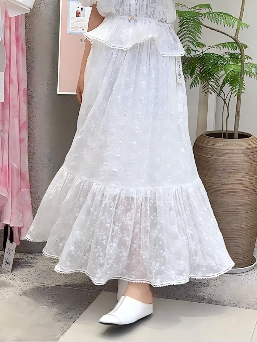 Lace Embroidered Layered Ruffles Maxi Skirts