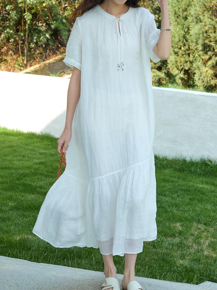 Tie Neck Short Sleeve Loose Maxi Dress
