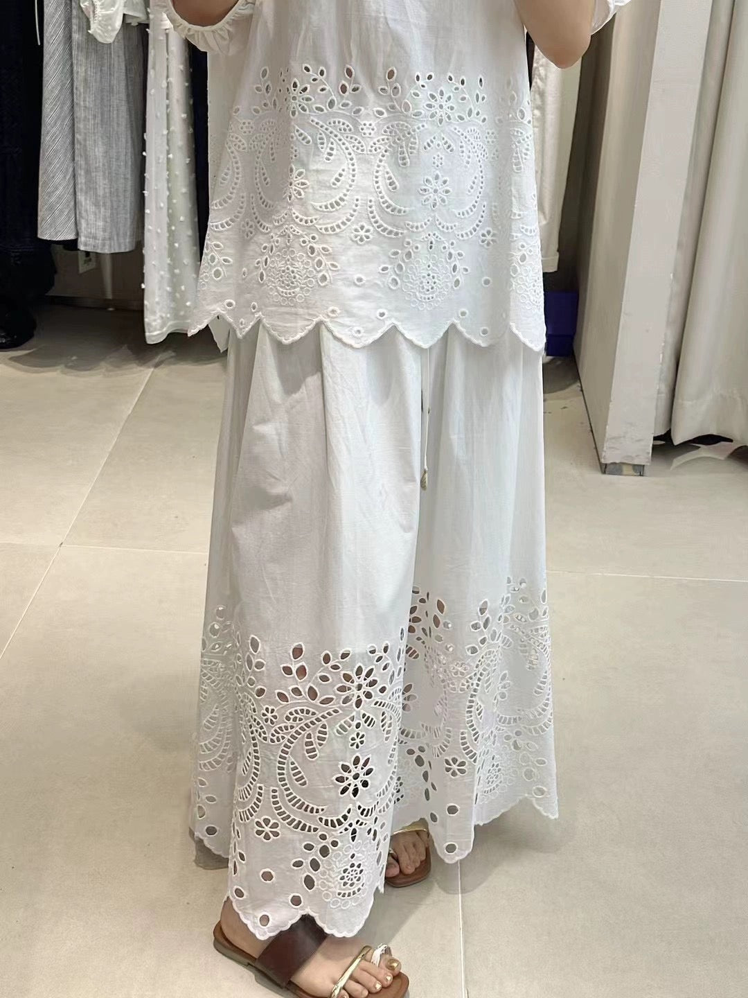 Floral Embroidered Hollow Drawstring Scallop Hem Skirt