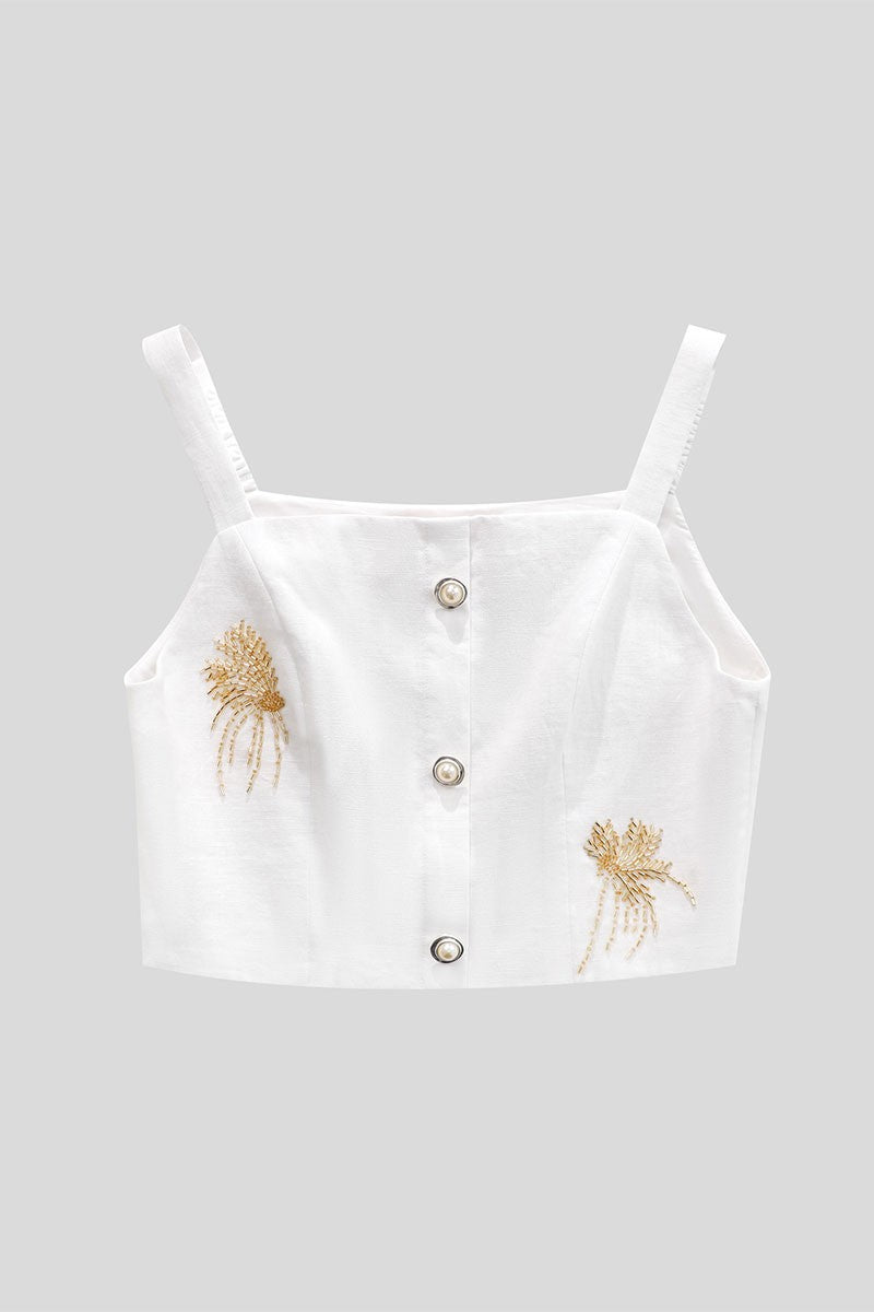 Beaded Pearl Button Square Neck Sleeveless Crop Top