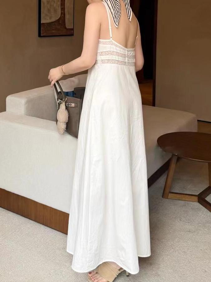 Lace Patchwork Back Button V Neck Suspender Maxi Dress