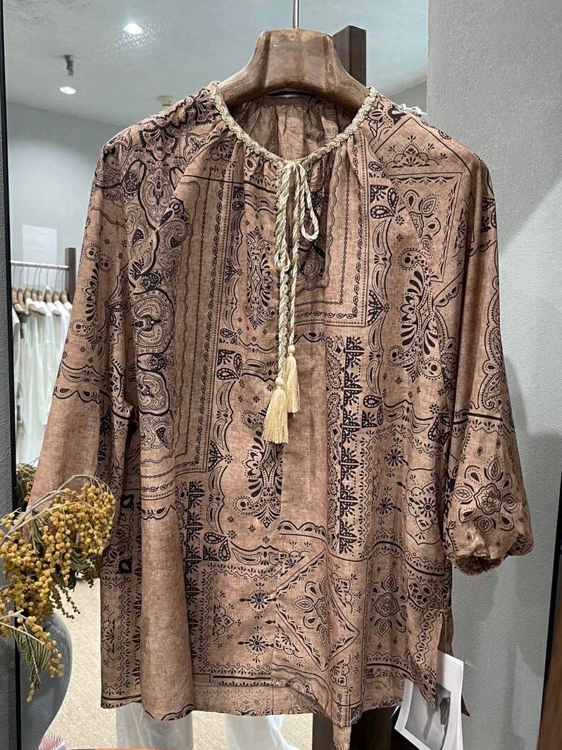 Boho Tassel Tie Neck Puff Sleeve Slit Blouse