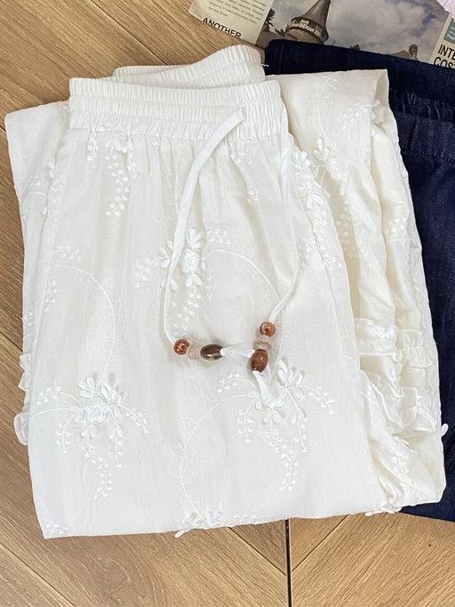 Floral 3D Print Embroidered Drawstring Wide-Leg Pants