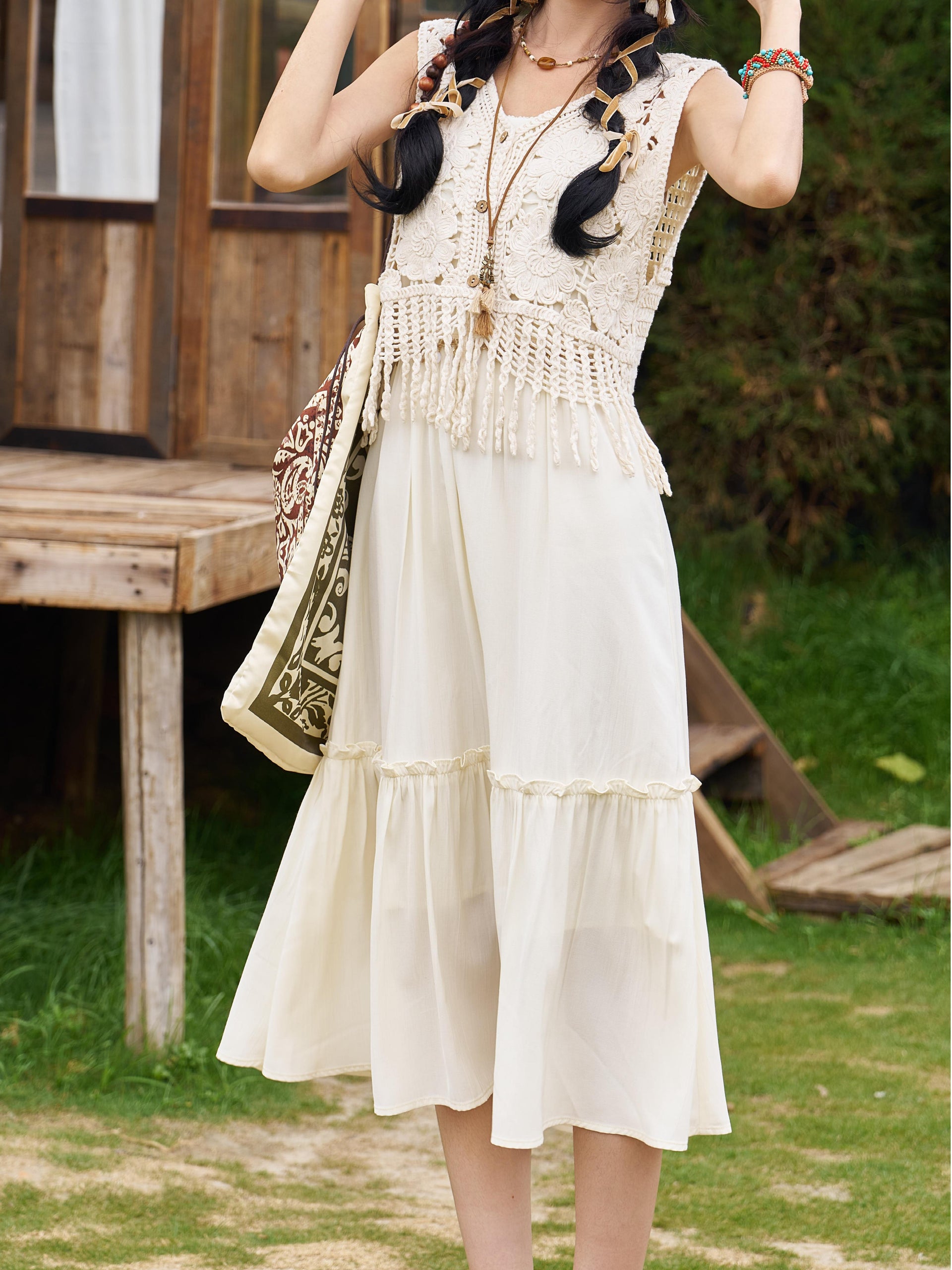 Boho Floral Tassel Knit Tank Top Suspender Dress Set