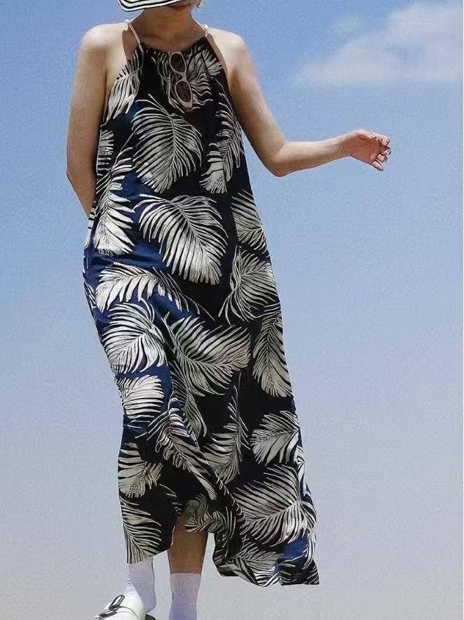 Leaf Print Round Neck Sleeveless Maxi Loose Dress