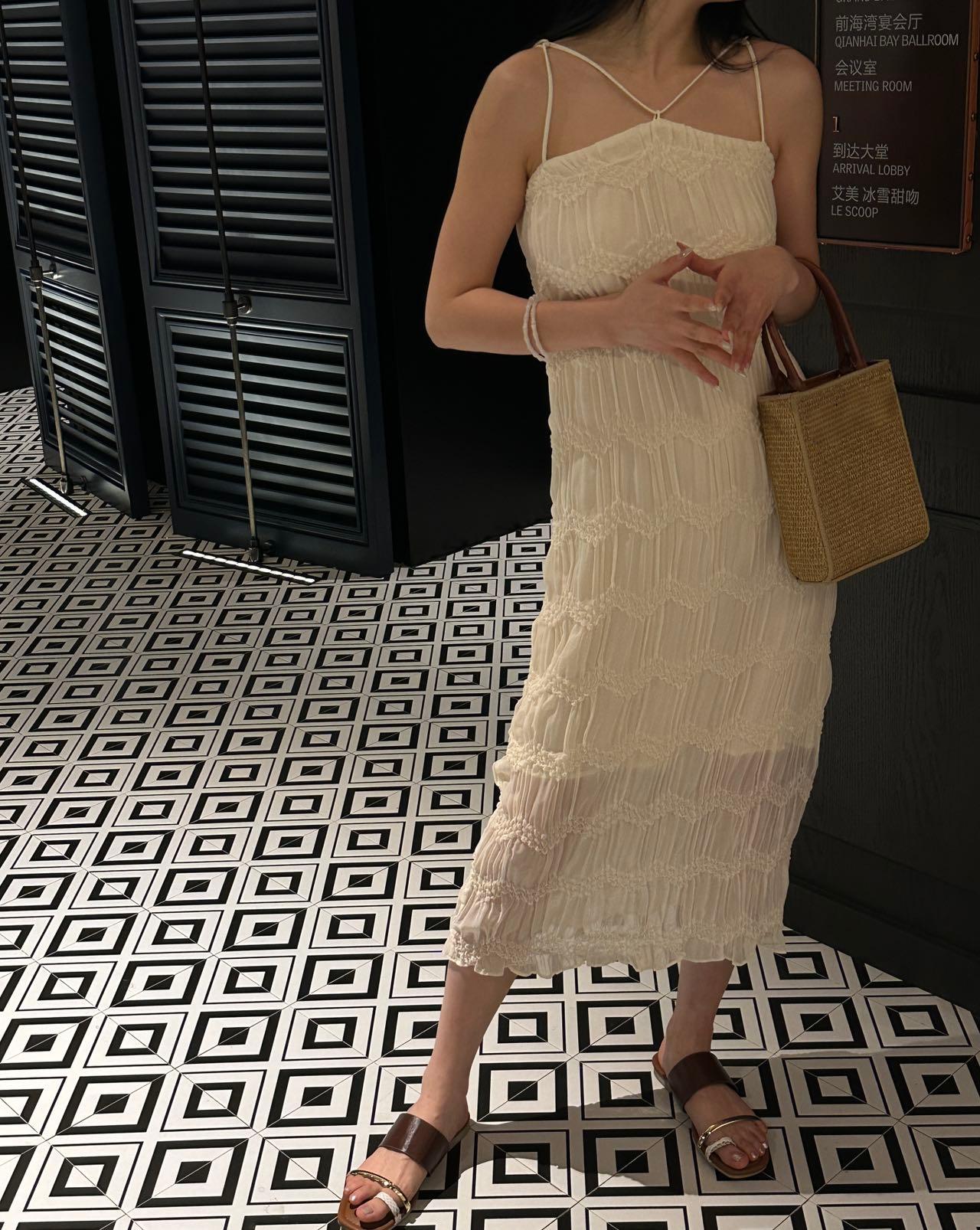 Pleated Textured Embroidered Suspender Lined Maxi Dress
