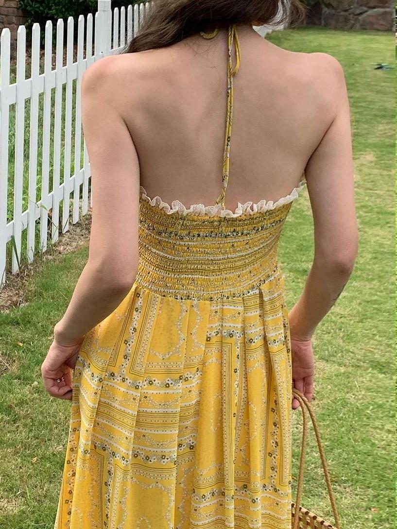 Floral Halter Lace Trim Maxi Dress