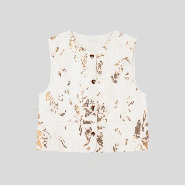 Squin Embroidered Buttoned Round Neck Vest