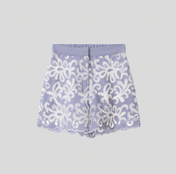 Floral Striped Hollow Lettuce Hem Shorts