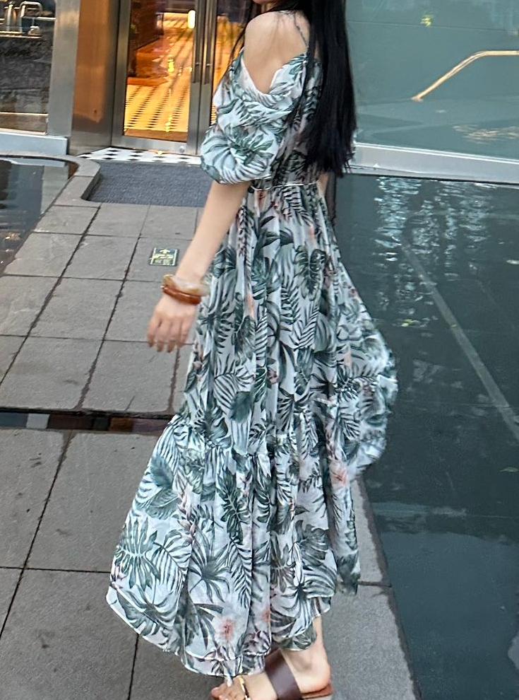 Off Shoulder Floral Ruffled Spaghetti Straps Maxi Dress