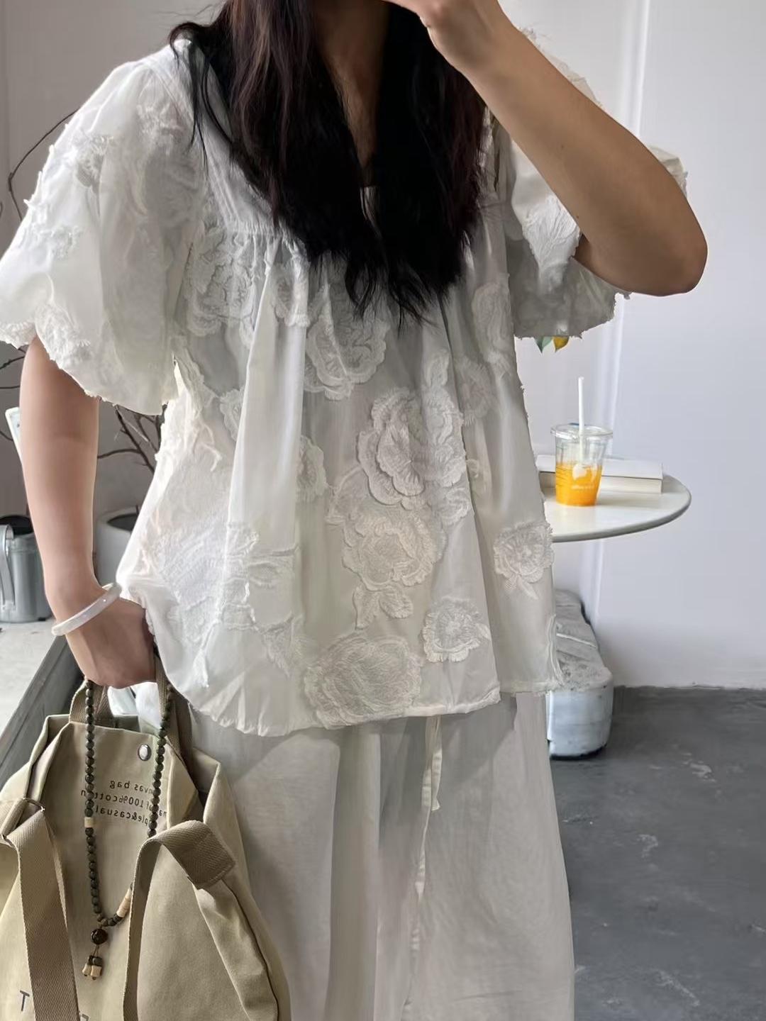 Square Neck Floral Embroidered Puff Sleeve Blouse