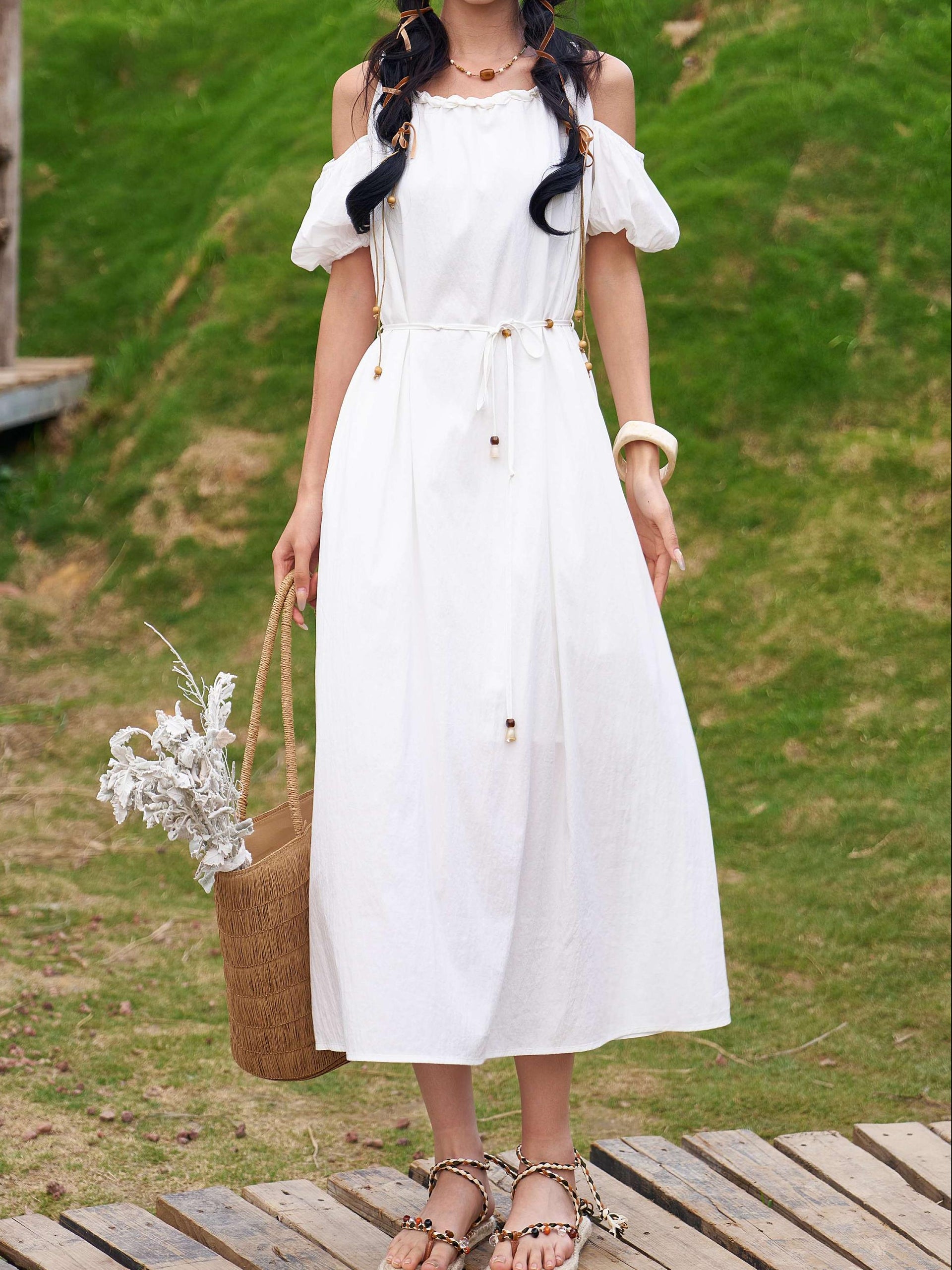 Boho Off Shoulder Puff Sleeve Rope Belt Dress