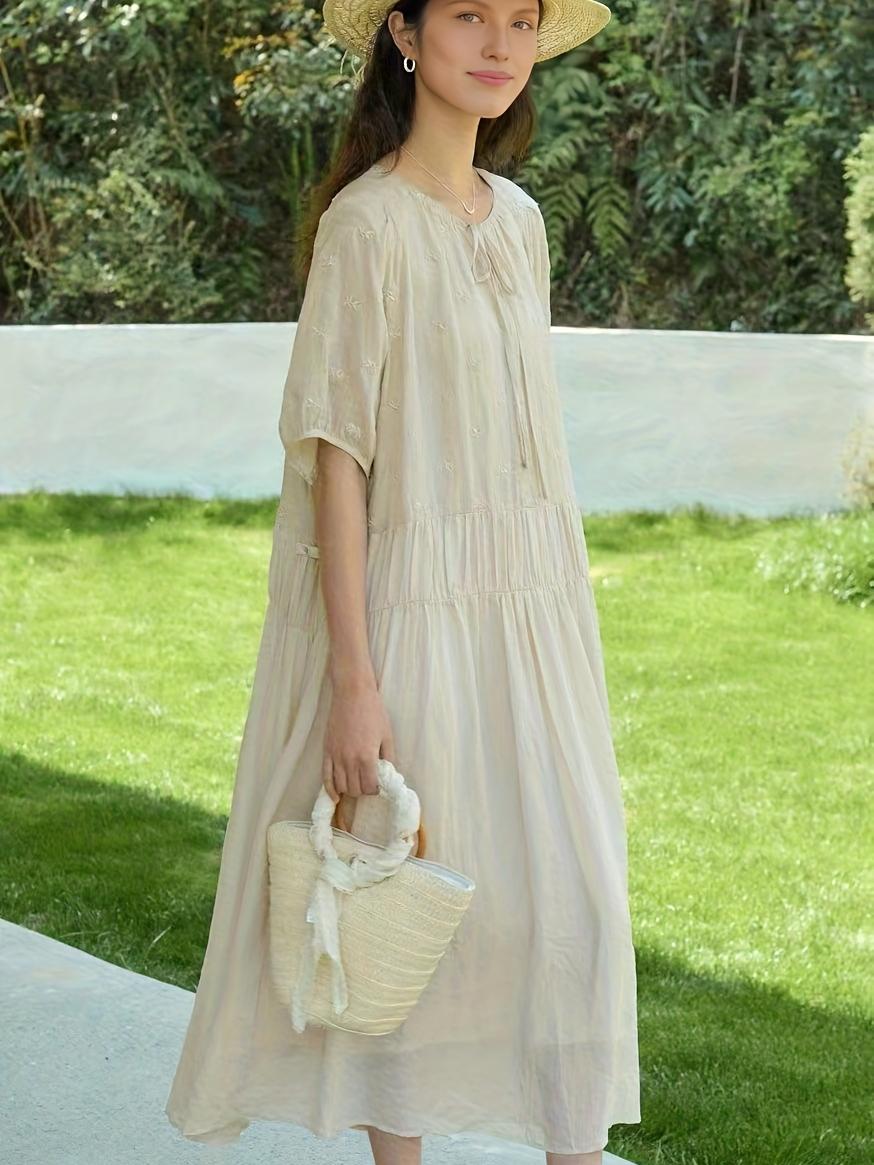 Floral Embroidered Tie Neck Short Sleeve Pleated Loose Dress